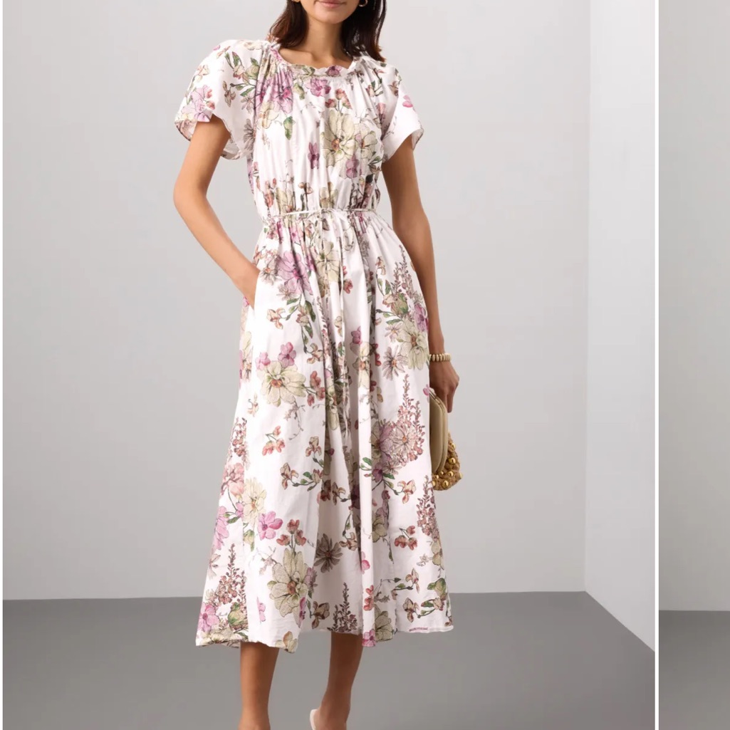 Adam Lippes White Floral Drawstring Midi Dress With Pink Accents